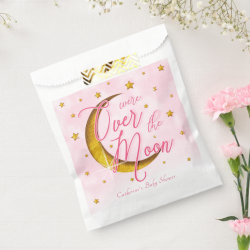 Starry Over The Moon Pink Gold Baby Girl Shower  Favor Bag