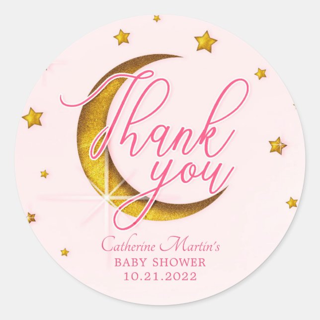 Starry Over The Moon Pink Gold Baby Shower Classic Round Sticker (Front)