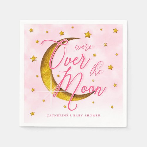 Starry Over The Moon Pink Gold Baby Shower Napkins