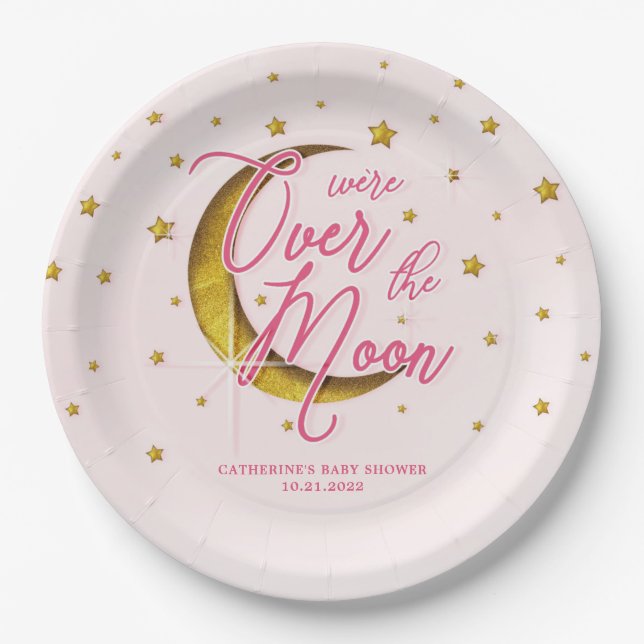 Starry Over The Moon Pink Gold Baby Shower Paper Plates (Front)