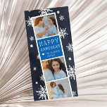 Starry Photobooth Hanukkah Photo Card<br><div class="desc">Cute Hanukkah photo card features a photo booth strip with three photos and a vibrant blue text panel bearing your Hanukkah greeting and names in white,  on a rnavy blue background dotted with hand drawn white snowflakes and stars of David.</div>