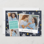 Starry Photobooth | Hanukkah Photo Collage Card<br><div class="desc">Cute Hanukkah photo card features a photo booth strip with two photos and a turquoise text panel, plus an instant camera-inspired snapshot with a handwritten caption. Personalize with the year and your family name or custom message, on a navy blue background dotted with hand drawn snowflakes and blue and gold...</div>