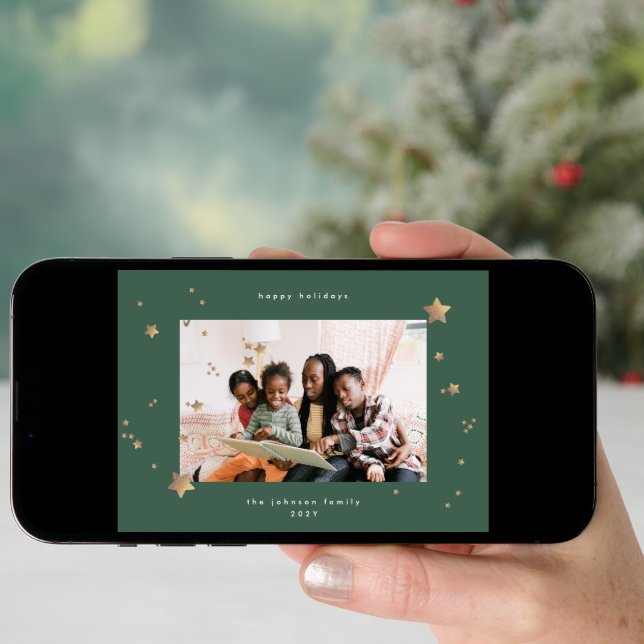 Starry Premium Emerald Onyx Christmas Photo Happy Holiday Card (Front Digital)