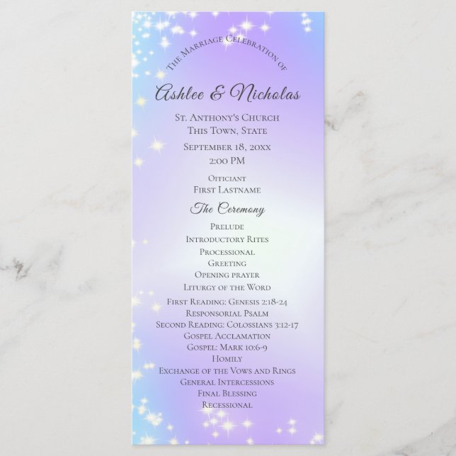 Starry Purple and Blue Sparkle Wedding Program (Front)
