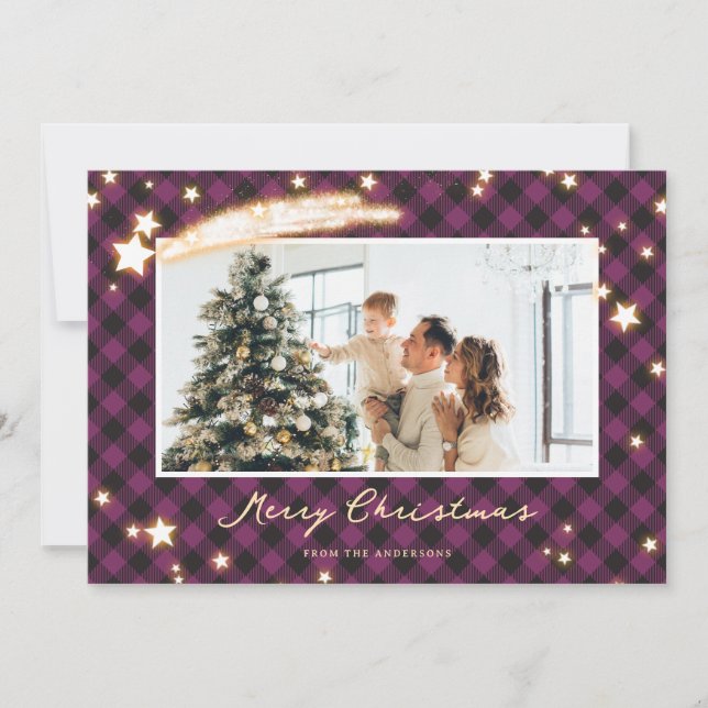 Starry Purple Buffalo Plaid Photo Christmas Cards (Front)