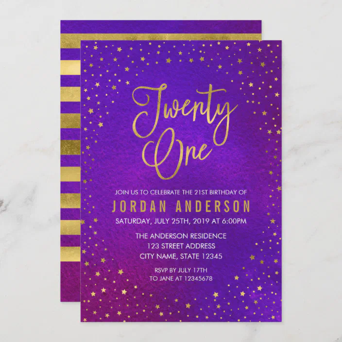 Chalk Watercolour Purple Gold 21st Personalised Birthday Party Invitations