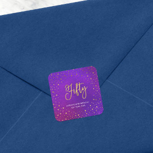 Starry Purple Watercolor 50th Birthday Square Sticker
