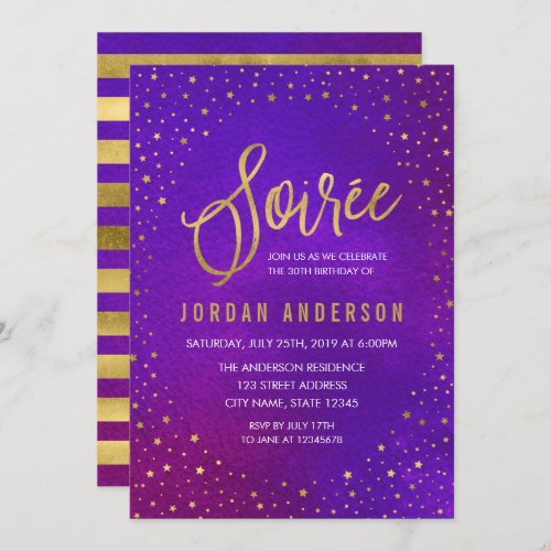 Starry Purple Watercolor Soiree Birthday Invitation