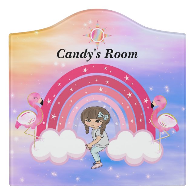 Starry Rainbow Sky, Rainbow, Flamingos & Sun Door Sign (Large Crest Front)