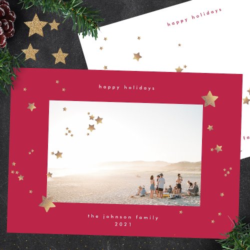 Starry RED Magenta Christmas Photo Happy Holiday Card