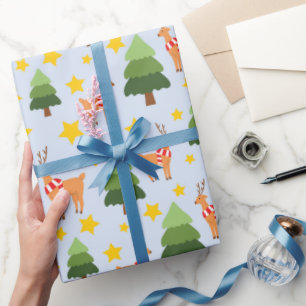 Starry Reindeer Nights Christmas Tree Light Blue Wrapping Paper