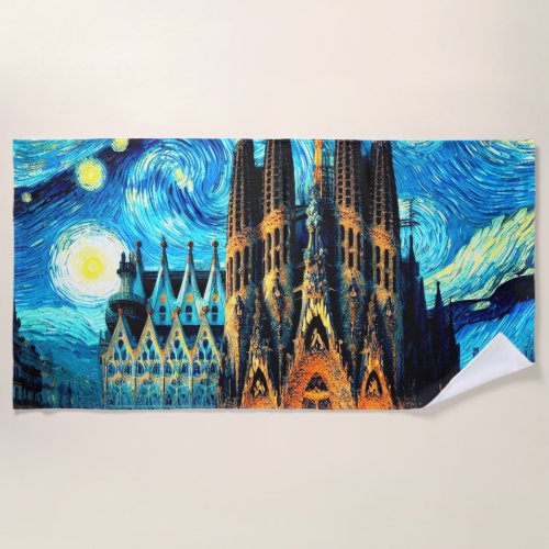 Starry Sagrada Familia Barcelona Beach Towel