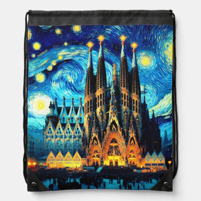 Starry Sagrada Familia Barcelona Drawstring Bag (Front)