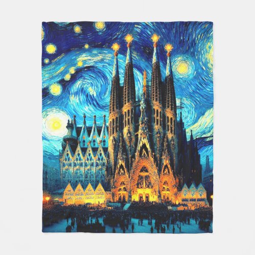 Starry Sagrada Familia Barcelona Fleece Blanket