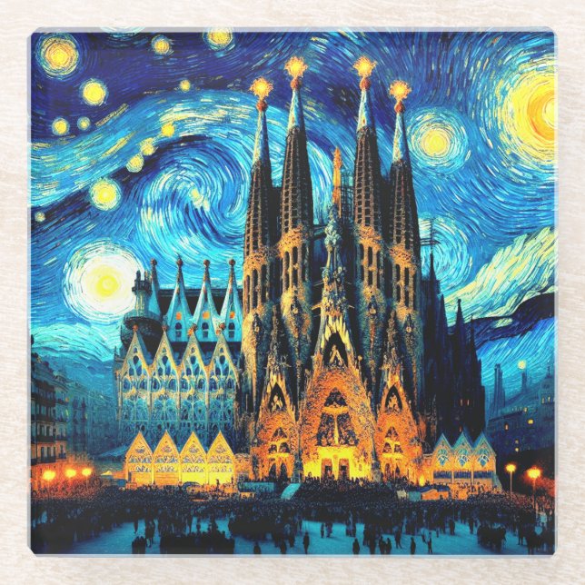 Starry Sagrada Familia Barcelona Glass Coaster (Front)