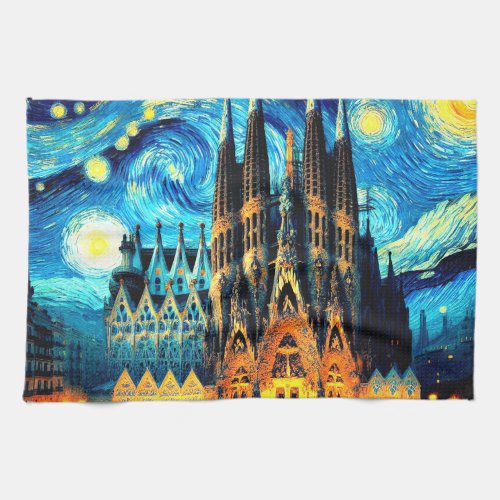 Starry Sagrada Familia Barcelona Kitchen Towel