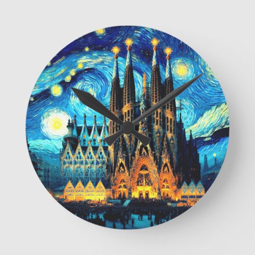 Starry Sagrada Familia Barcelona Round Clock