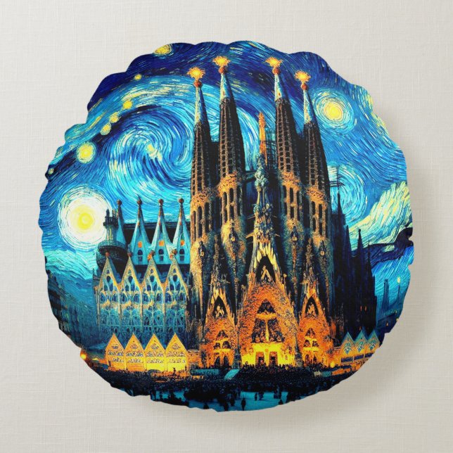 Starry Sagrada Familia Barcelona Round Pillow (Front)