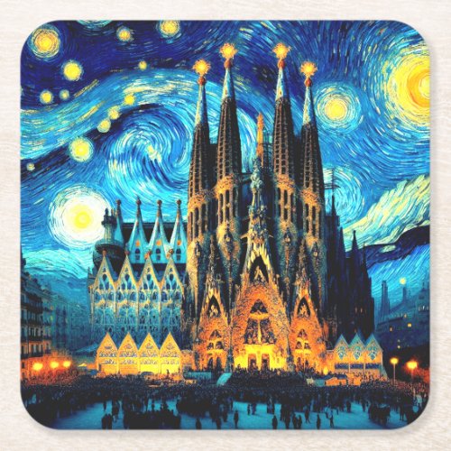 Starry Sagrada Familia Barcelona Square Paper Coaster