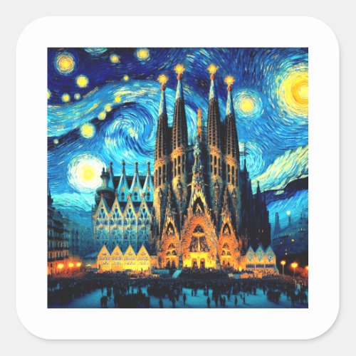 Starry Sagrada Familia Barcelona Square Sticker