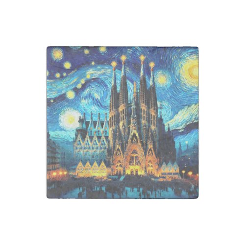 Starry Sagrada Familia Barcelona Stone Magnet