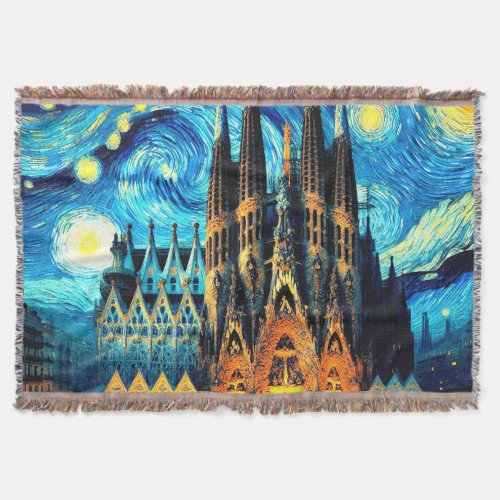 Starry Sagrada Familia Barcelona Throw Blanket