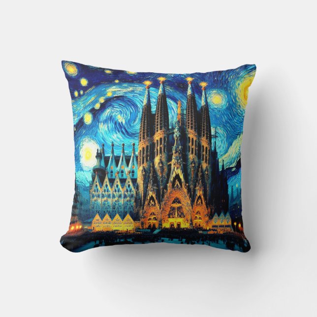 Starry Sagrada Familia Barcelona Throw Pillow (Front)