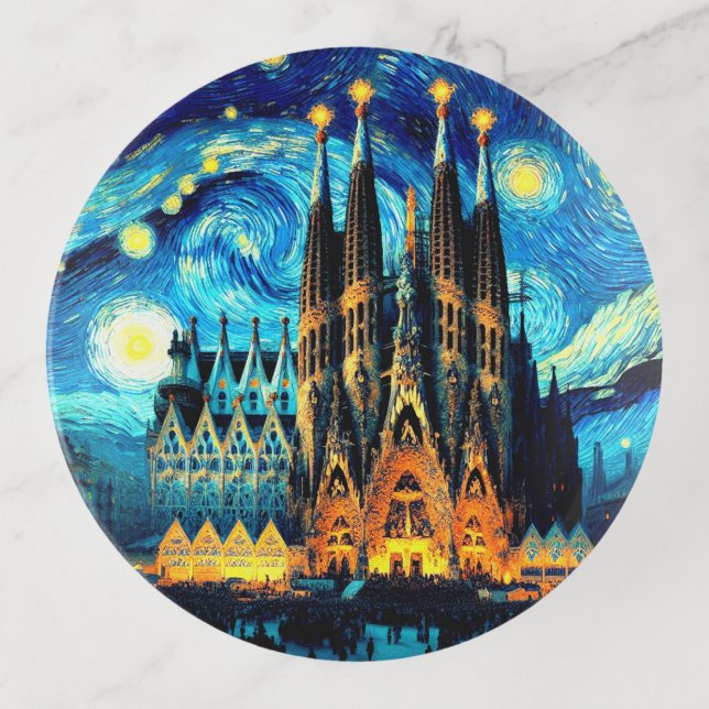 Starry Sagrada Familia Barcelona Trinket Tray (Front)