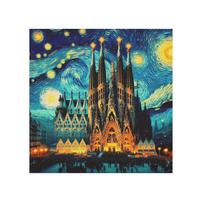 Starry Sagrada Familia Barcelona Wood Wall Art (Front)