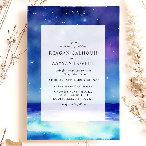 Starry Seascape Watercolor Wedding Invitation