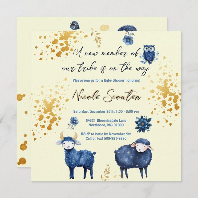 Starry Sheep and Forest Friends Baby Shower Gold Save The Date (Front/Back)