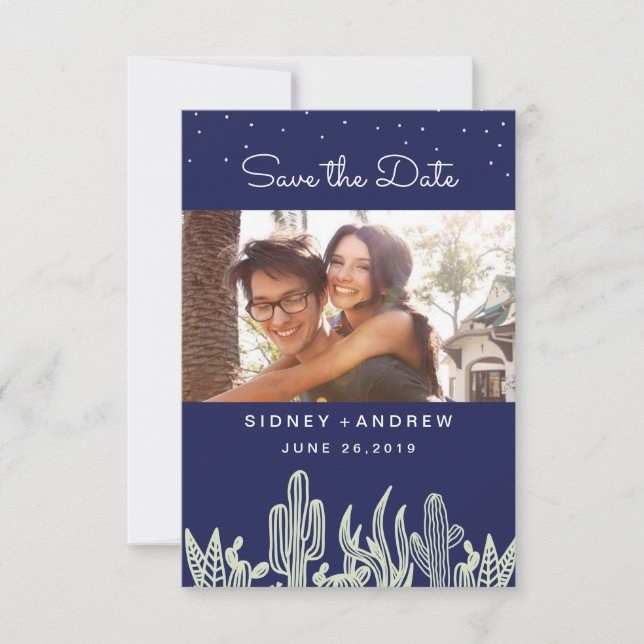Starry Sky and Cactus Navy Photo Save the Date (Front)
