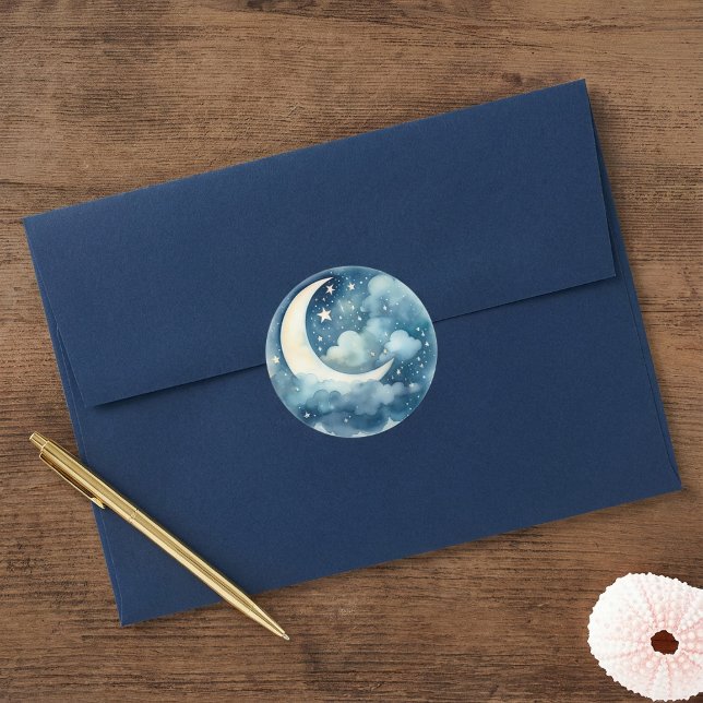 Starry sky and moon baby shower classic round sticker (Starry sky and moon baby shower classic round sticker.)