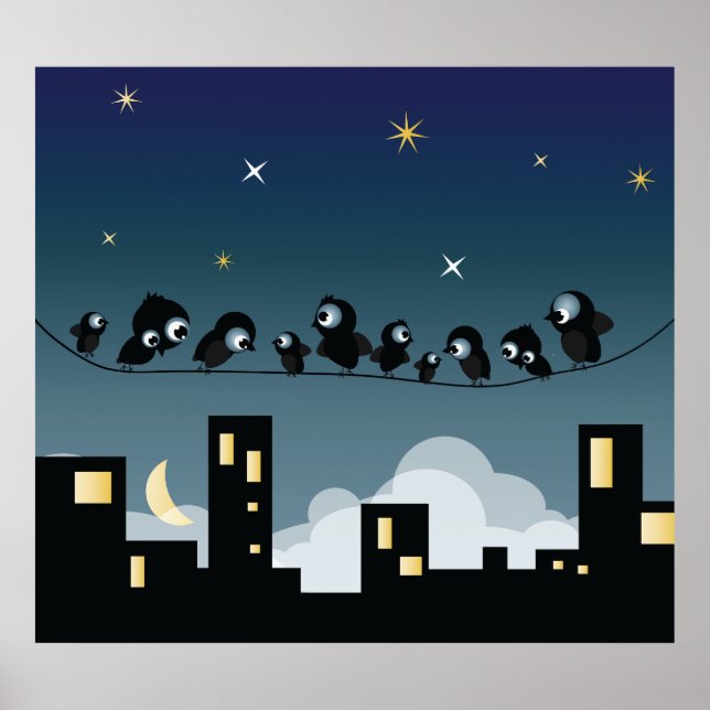 Starry Sky Birds on Telephone Wire Poster (Front)