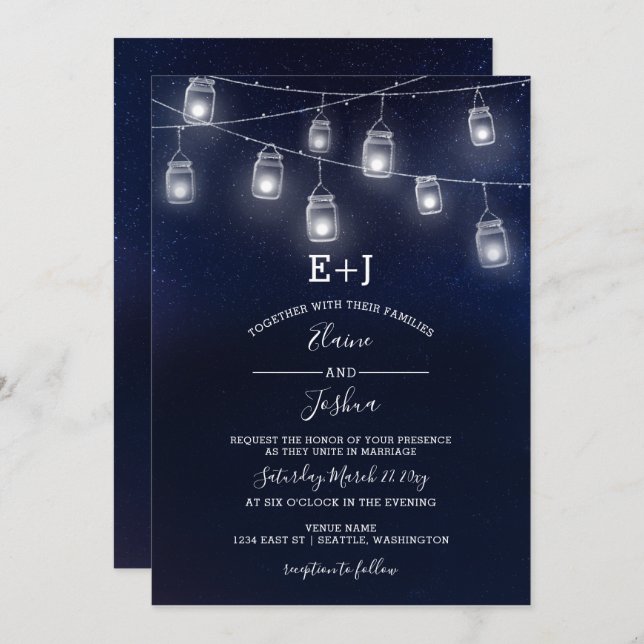 starry sky mason jars wedding invitations (Front/Back)