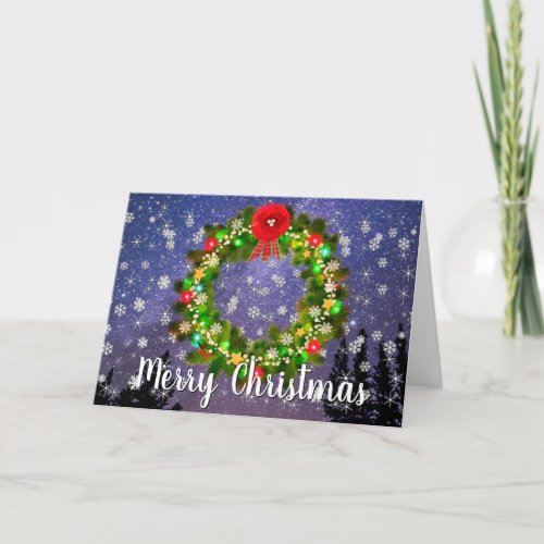 Starry Snowy Night Christmas Wreath Custom Holiday Card