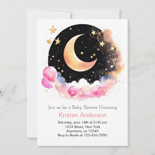 Starry Space Adventure Pink Girl Baby Shower Invitation