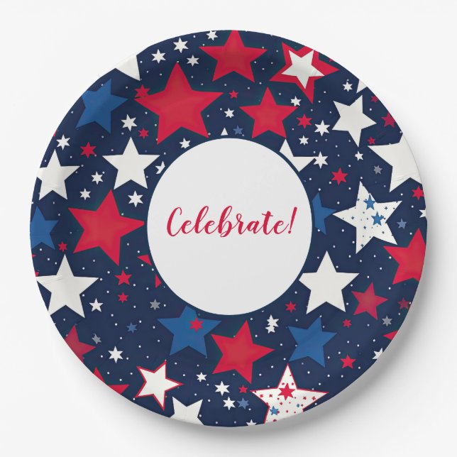 Starry Splendor: 9" Red, White & Blue Paper Plates (Front)