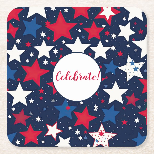 Starry Splendor: Red, White Blue Party Square Paper Coaster (Front)