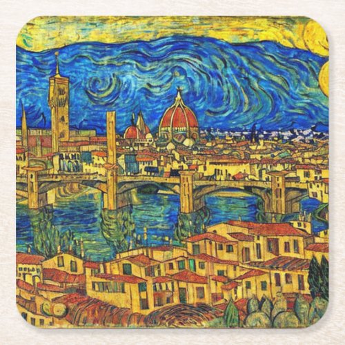 Starry Starry Night Florence Italy Square Paper Coaster