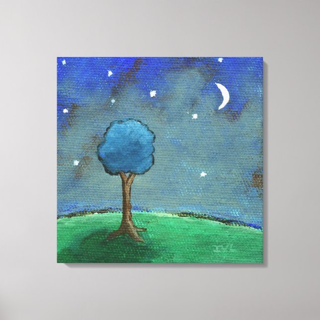 Starry Starry Night, Whimsical Tree Landscape Art Canvas Print (Front)