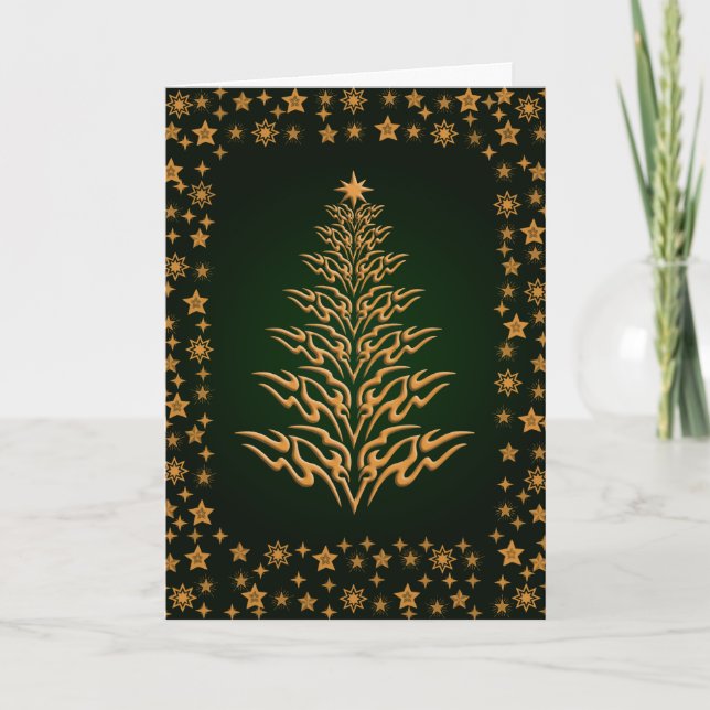 Starry Stylish Christmas Tree Greetings Card Green (Front)