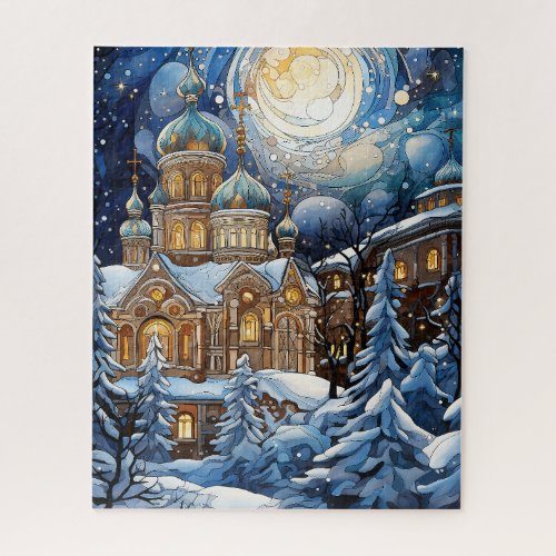 Starry Tranquility Winter Church Night Jigsaw Puzzle