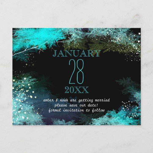 Starry Turquoise Forest Boho Wedding Save the Date Announcement Postcard