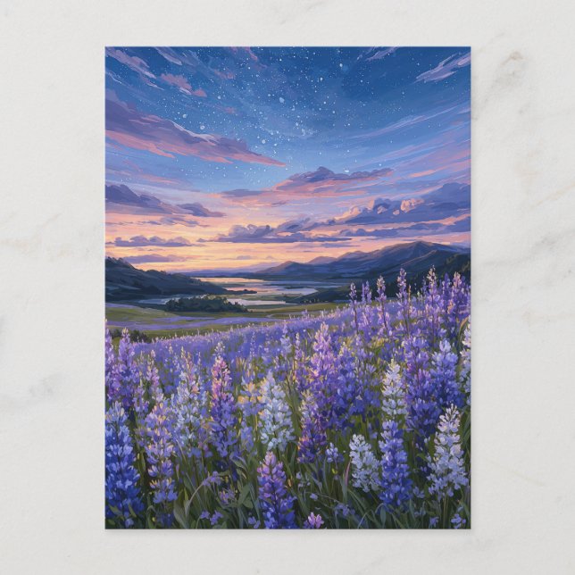 Starry Twilight Over Purple Lupine Valley Postcard (Front)