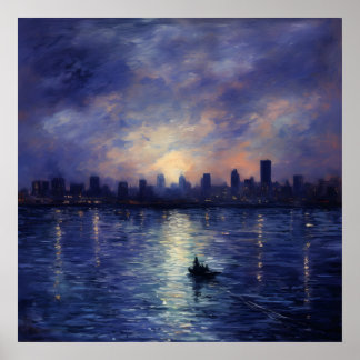 Starry Urban Landscape: Impressionist Night Art Poster