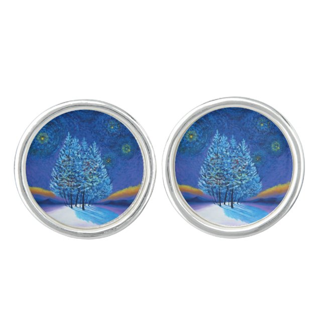 Starry Van Gogh Style Blue Christmas Cufflinks (Front)
