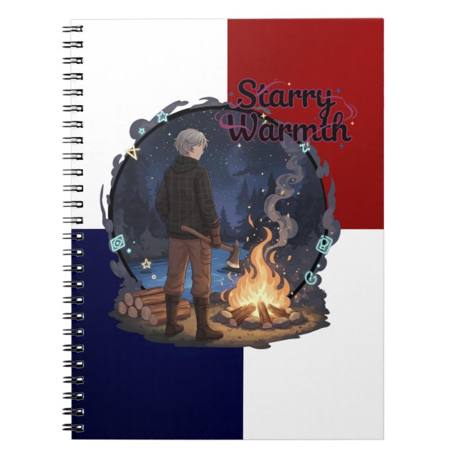 Starry Warmth - Lumberjack Anime Boy by Campfire Notebook (Front)