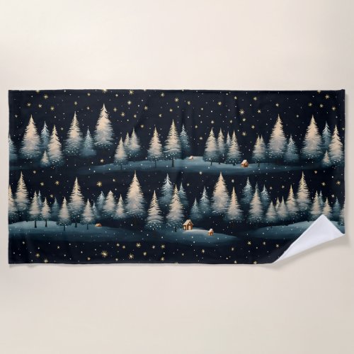 Starry Winter Forest Night Beach Towel