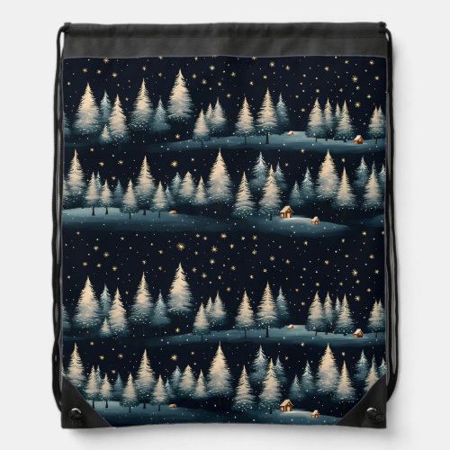 Starry Winter Forest Night Drawstring Bag